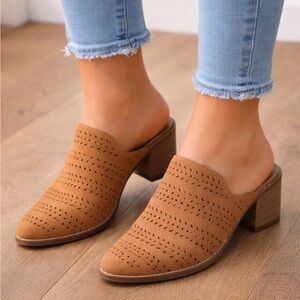 Susina Tan Perforated Mules with Stacked Heel